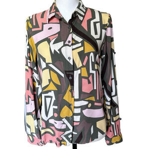 Big Dart Button Down Long Sleeve Blouse‎ Medium-Large Pink Multi-Color